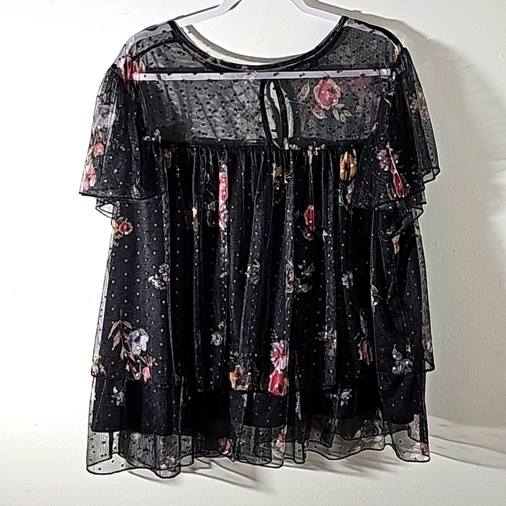 Willow women's top, 3X. Black sheer overlayโ tier. Floral print. Goth, fโฆ